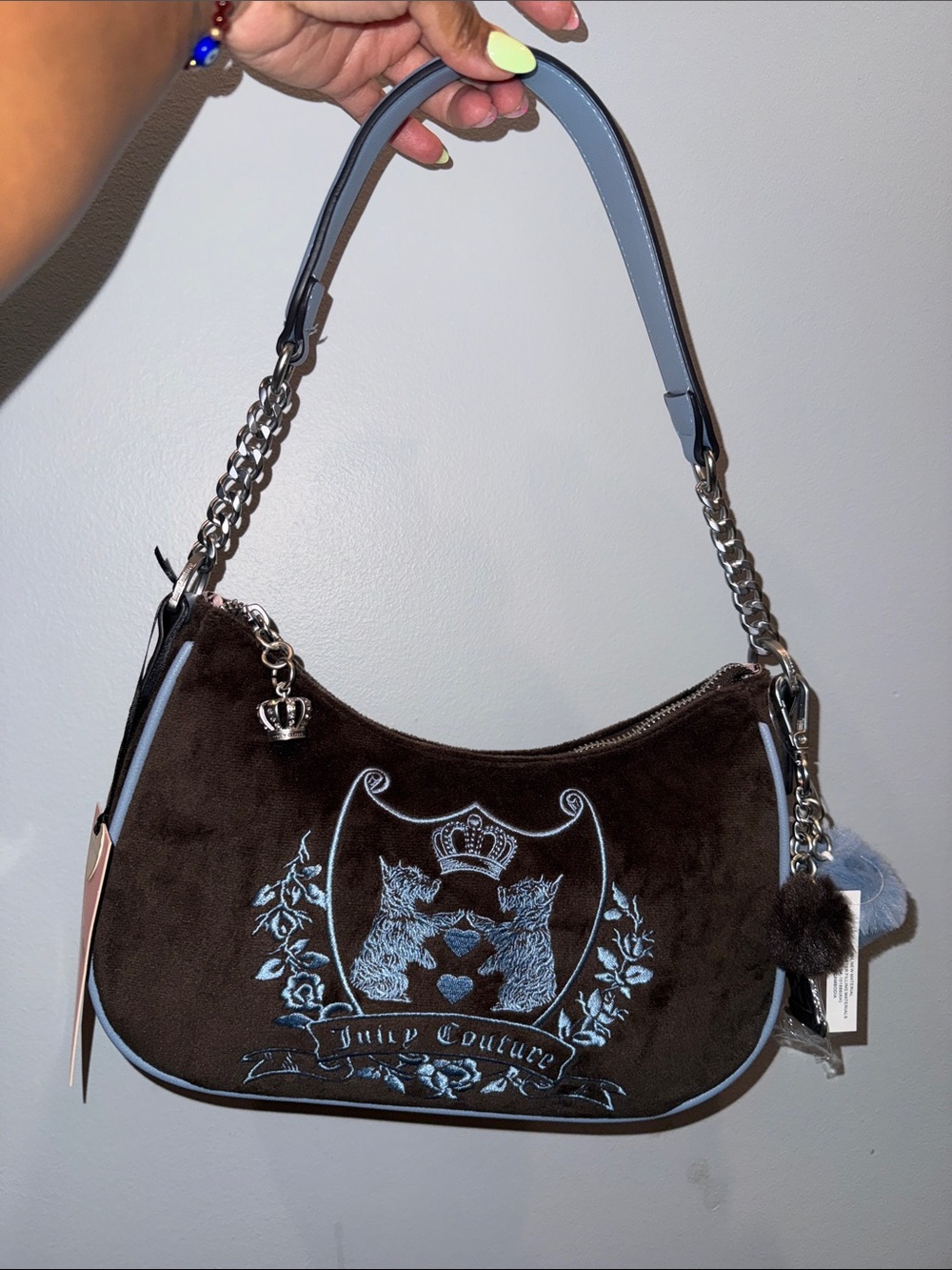 Juicy Couture Chocolate New Love Chapter Shoulder Bag w Light Blue Embroidery